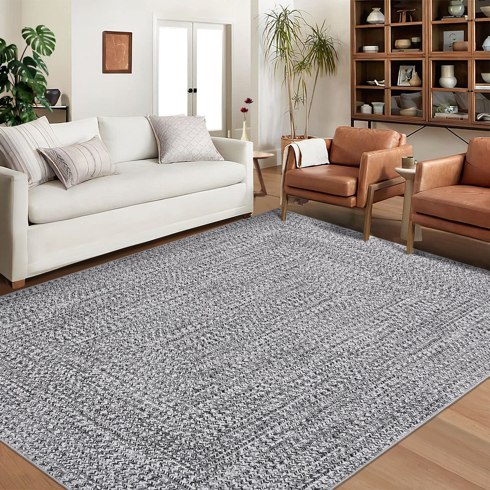 Garvee 9x12 Area Rug Print Braided Large Area Rug Machine Washable Rug for Living Room, Non-Slip Stain Resistant Accent Rug Farmhouse Solid Printed Weaving Floor Cover Carpet for Bedroom, Grey