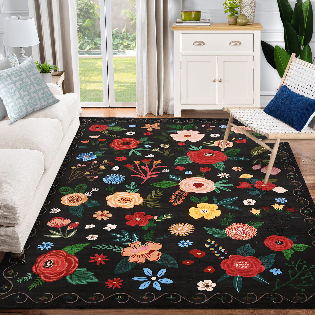 Garvee Vintage Floral Black 2x6 Non-Slip Washable Low Pile Area Rug - Farmhouse Soft Carpet for Living Room, Bedroom