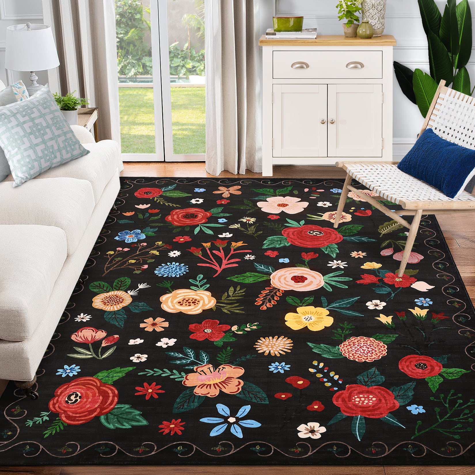 Garvee Vintage Floral Black 2x6 Non-Slip Washable Low Pile Area Rug - Farmhouse Soft Carpet for Living Room, Bedroom