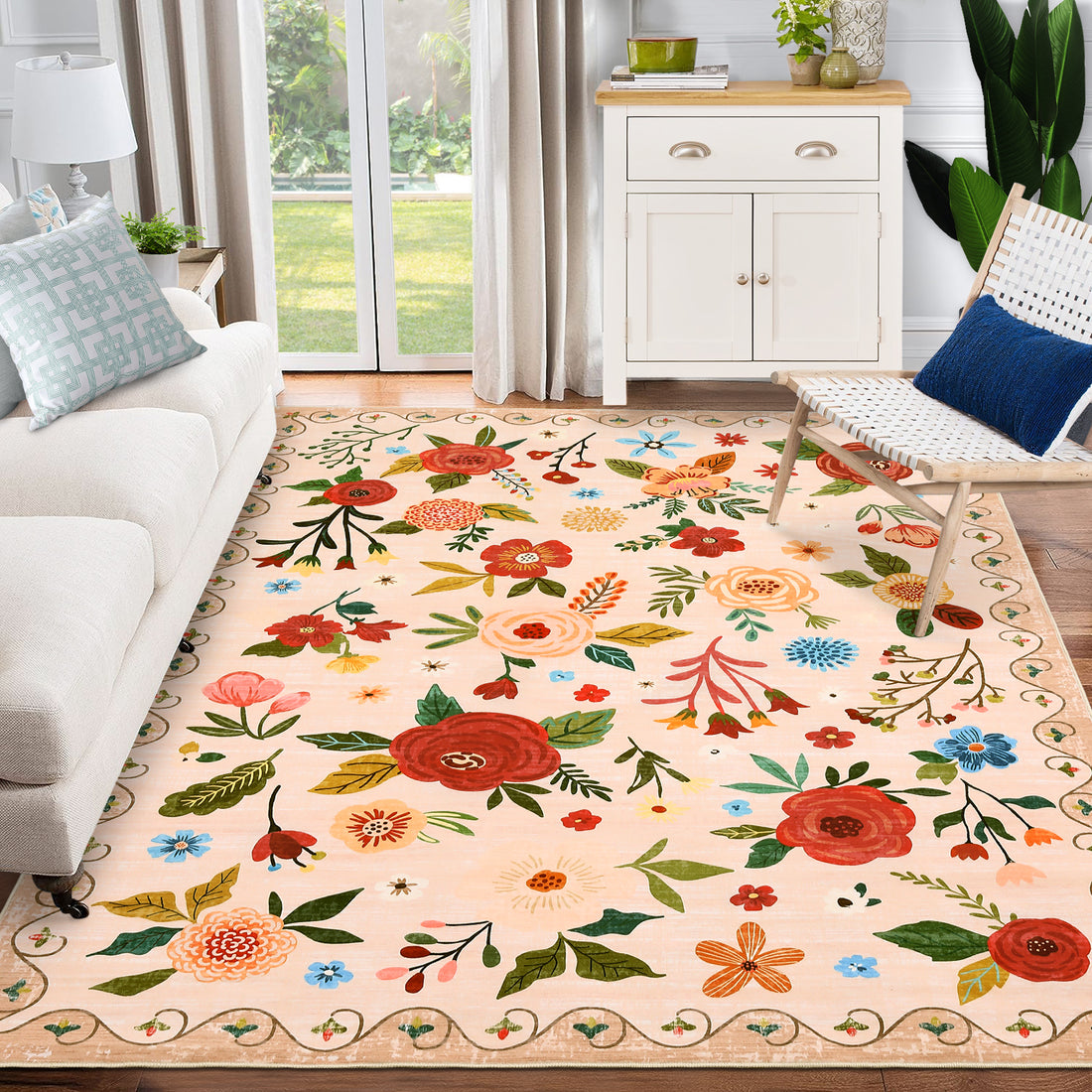 Garvee Vintage Floral Beige 2x6 Area Rug for Living Room,Machine Washable Large Rugs, Non Slip Vintage Low Pile Soft Carpet for Bedroom /Dining Room /Farmhouse/Nursery/Apartment