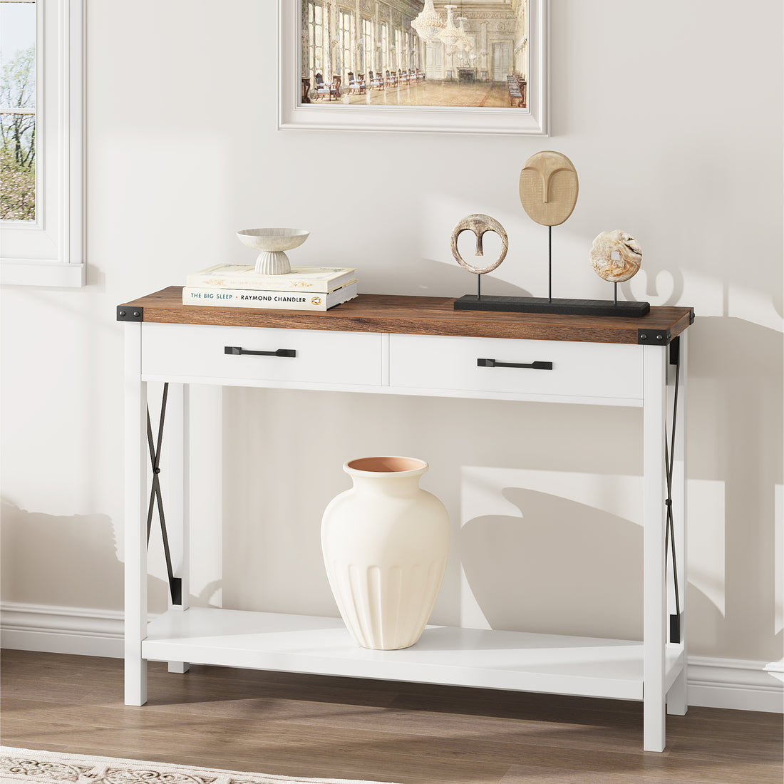 Garvee Console Table with 2 Drawers, Farmhouse Sofa Table with Storage Shelf, Accent Wood Entryway Table for Entryway, Brown & White