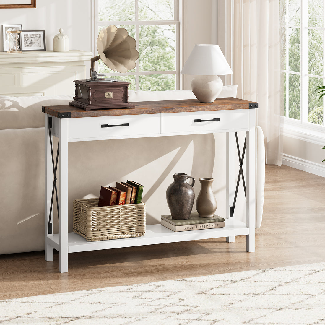Garvee Console Table with 2 Drawers, Farmhouse Sofa Table with Storage Shelf, Accent Wood Entryway Table for Entryway, Brown & White