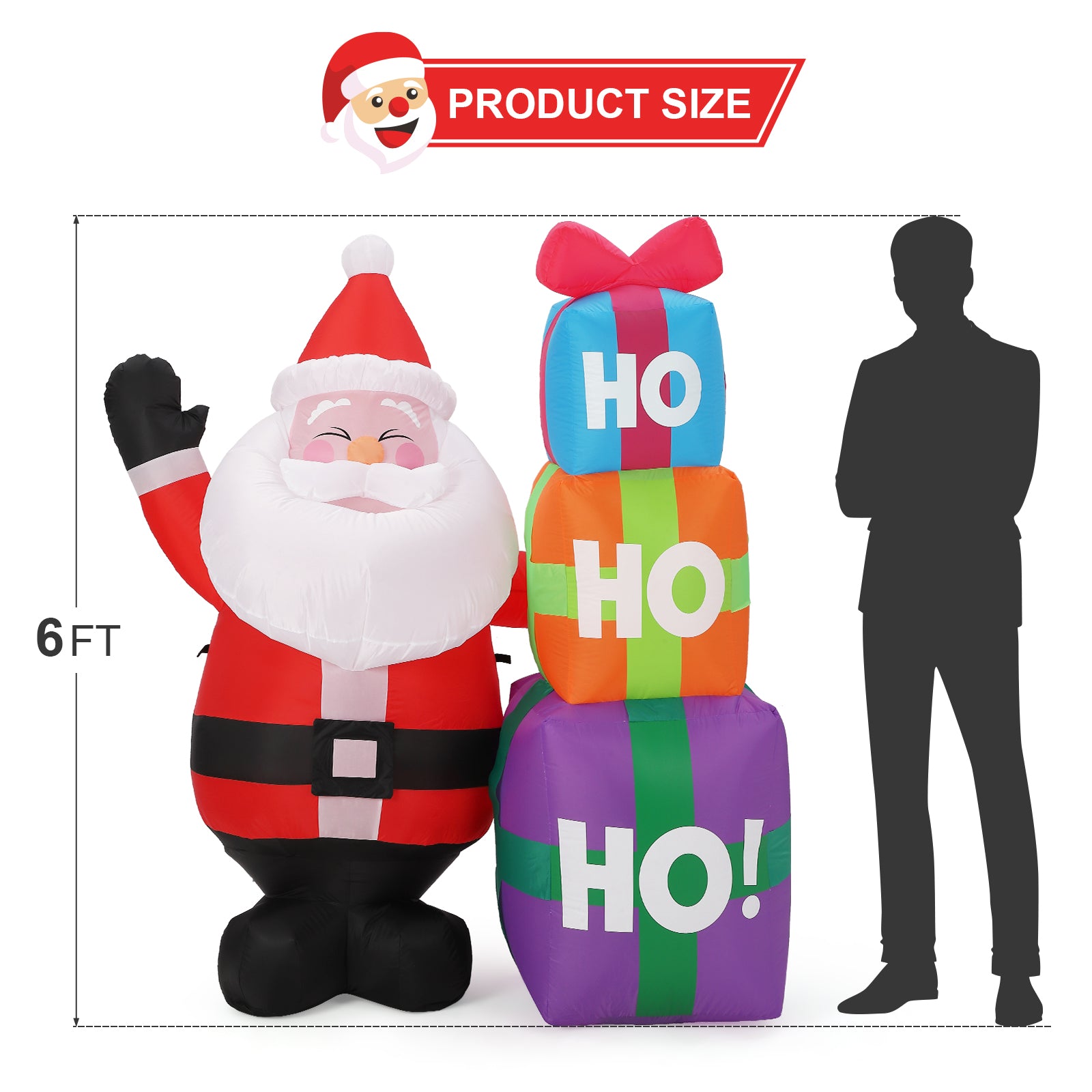 Garvee 6FT Christmas Inflatable Outdoor Decorations, Cute Santa with Gift Box, Blow Up Xmas Yard Decoration for Holiday Home Party Garden Lawn Decor, Indoor Outdoor Use, Easy Installation