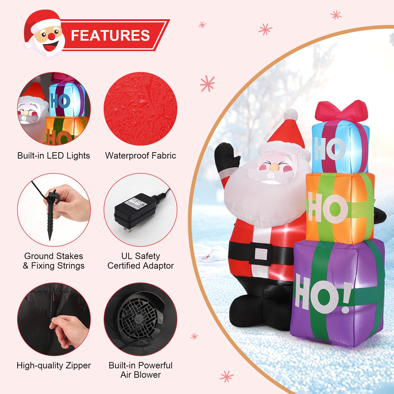 Garvee 6FT Christmas Inflatable Outdoor Decorations, Cute Santa with Gift Box, Blow Up Xmas Yard Decoration for Holiday Home Party Garden Lawn Decor, Indoor Outdoor Use, Easy Installation