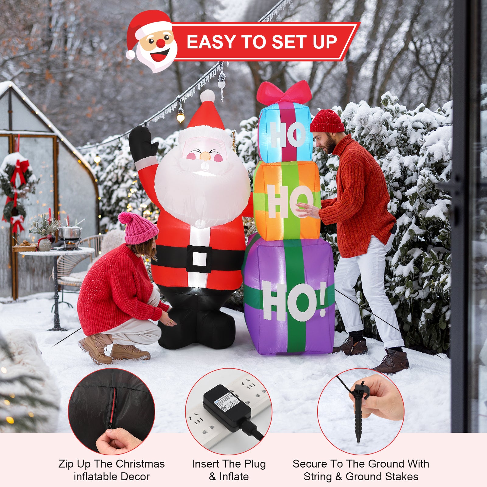 Garvee 6FT Christmas Inflatable Outdoor Decorations, Cute Santa with Gift Box, Blow Up Xmas Yard Decoration for Holiday Home Party Garden Lawn Decor, Indoor Outdoor Use, Easy Installation