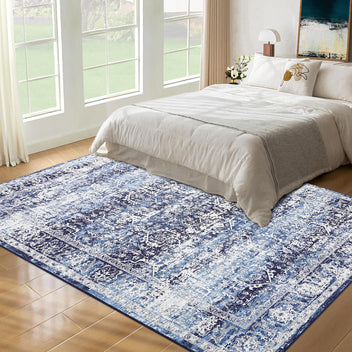 Garvee Area Rug 10x13 Washable Large Vintage Rug for Living Room Non Slip Non-Shedding Distressed Indoor Carpet Ultra Soft Low Pile Throw Rug for Bedroom Dining Room Home Office, Blue