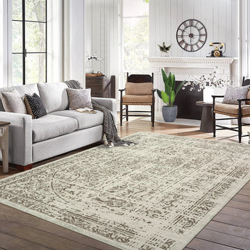 Garvee 5x7 Washable Area Rug Vintage Rug Traditional Floor Cover Foldable Thin Rug Kitchen Accent Rug Indoor Distressed Non Slip Carpet Floral Print Mat Bedroom Living Room Bathroom Brown