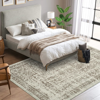 Garvee Machine Washable 9x12 Area Rugs for Living Room Vintage Rugs Non Slip Low Pile Water Resistant Soft Print Pattern Carpet for Bedroom Indoor Decor Polyester Rug Brown
