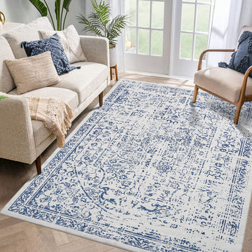 Garvee Machine Washable 9x12 Area Rugs for Living Room Vintage Rugs Non Slip Low Pile Water Resistant Soft Print Pattern Carpet for Bedroom Indoor Decor Polyester Rug Blue