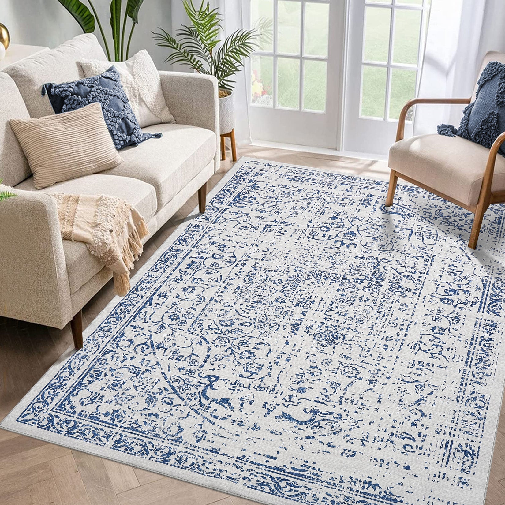 Garvee 5x7 Washable Area Rug Vintage Rug Traditional Floor Cover Foldable Thin Rug Kitchen Accent Rug Indoor Distressed Non Slip Carpet Floral Print Mat Bedroom Living Room Bathroom Blue
