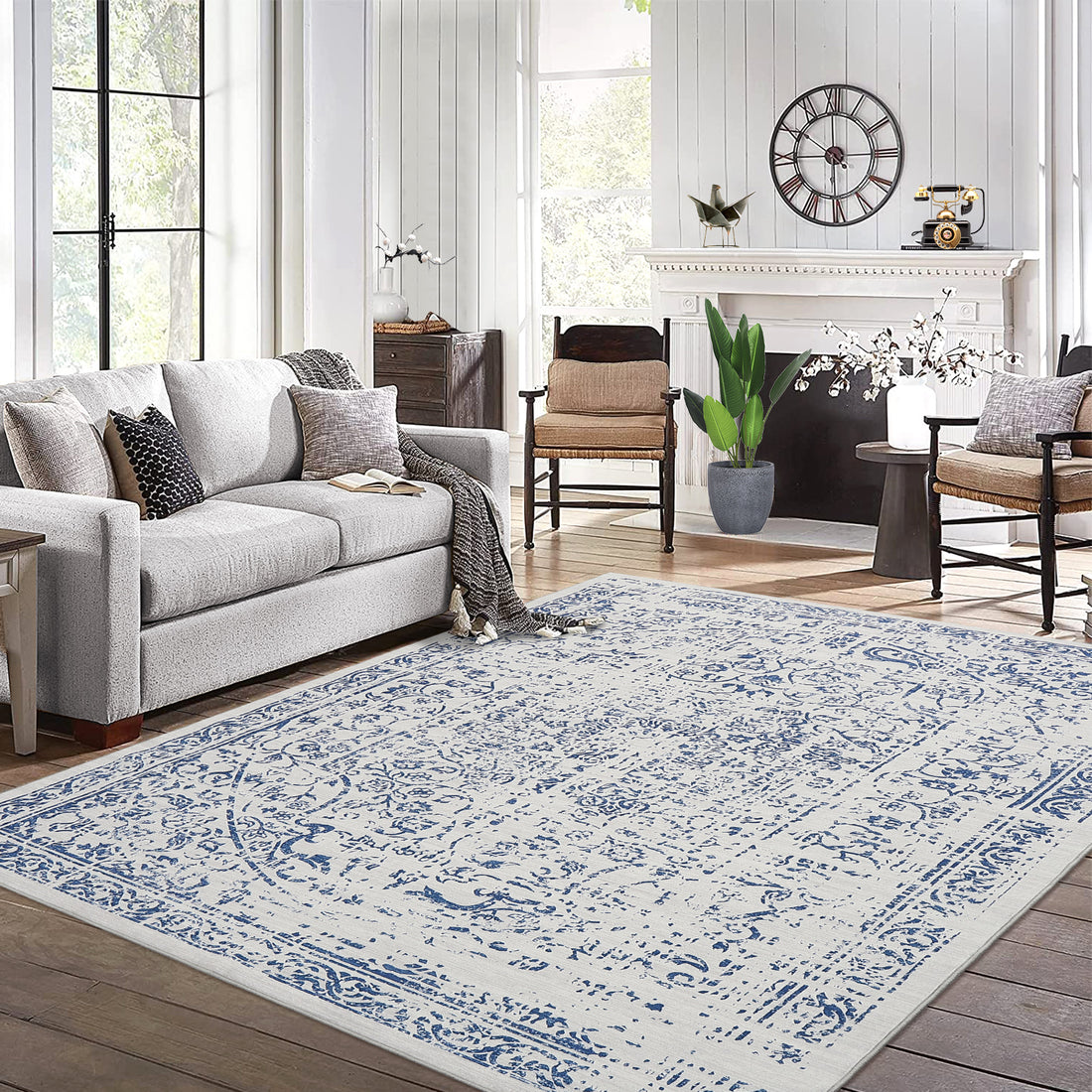 Garvee Area Rug 8x10 Washable Rug Blue Vintage Rug Traditional Floor Cover Thin Rug Retro Kitchen Indoor Distressed Non Slip Carpet Floral Print Mat Living Room Bedroom Dining Room
