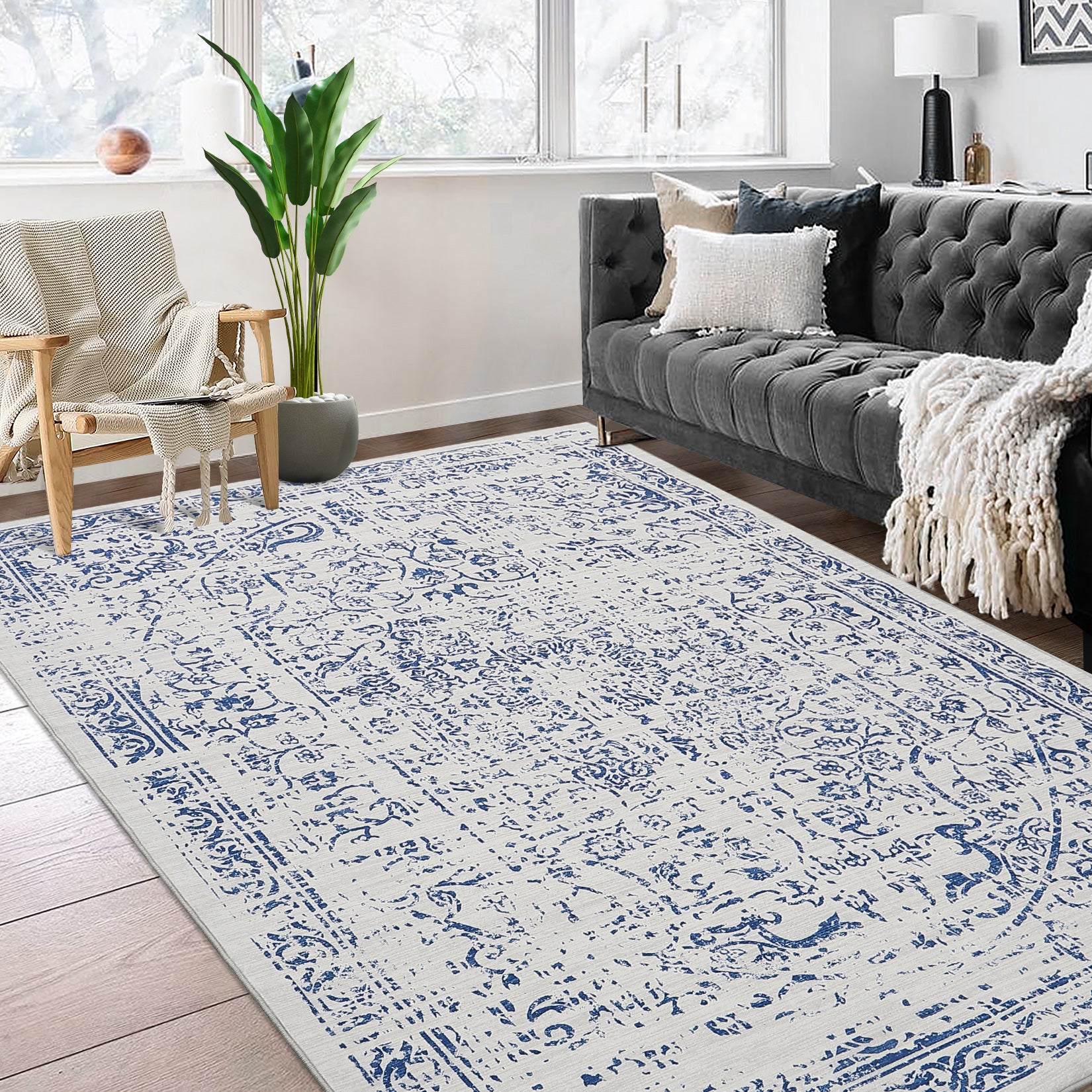 Garvee 5x7 Washable Area Rug Vintage Rug Traditional Floor Cover Foldable Thin Rug Kitchen Accent Rug Indoor Distressed Non Slip Carpet Floral Print Mat Bedroom Living Room Bathroom Blue