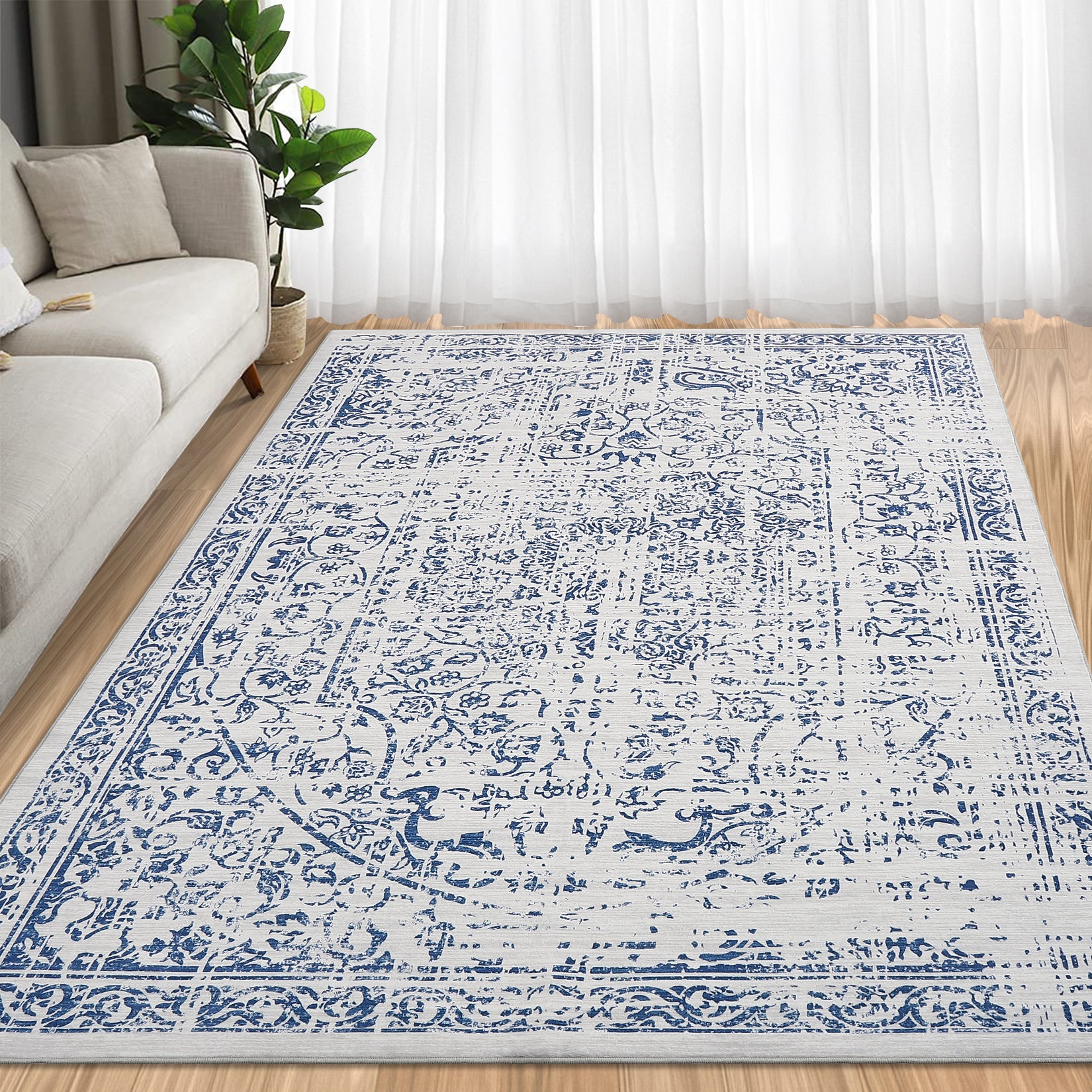 Garvee 5x7 Washable Area Rug Vintage Rug Traditional Floor Cover Foldable Thin Rug Kitchen Accent Rug Indoor Distressed Non Slip Carpet Floral Print Mat Bedroom Living Room Bathroom Blue