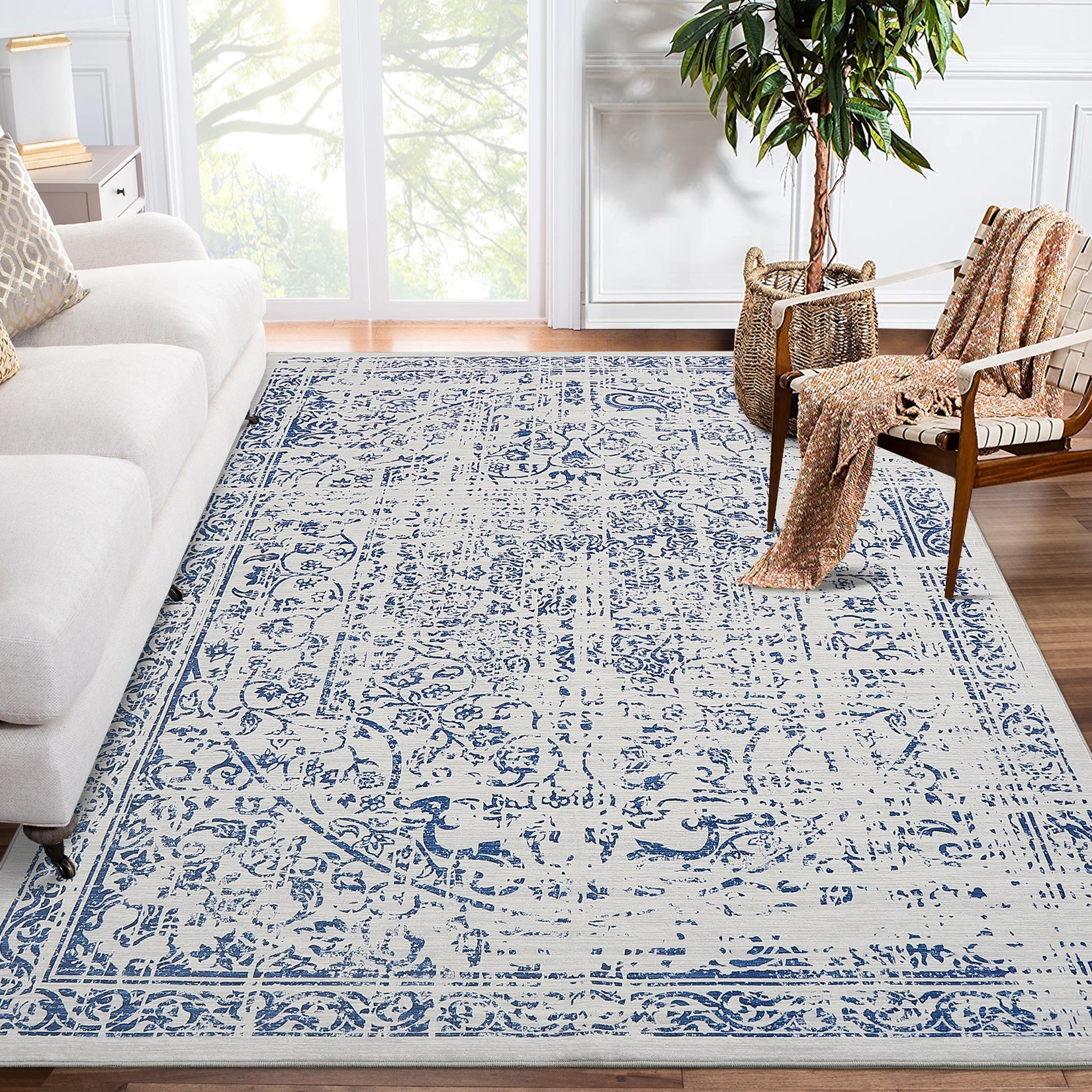 Garvee 5x7 Washable Area Rug Vintage Rug Traditional Floor Cover Foldable Thin Rug Kitchen Accent Rug Indoor Distressed Non Slip Carpet Floral Print Mat Bedroom Living Room Bathroom Blue