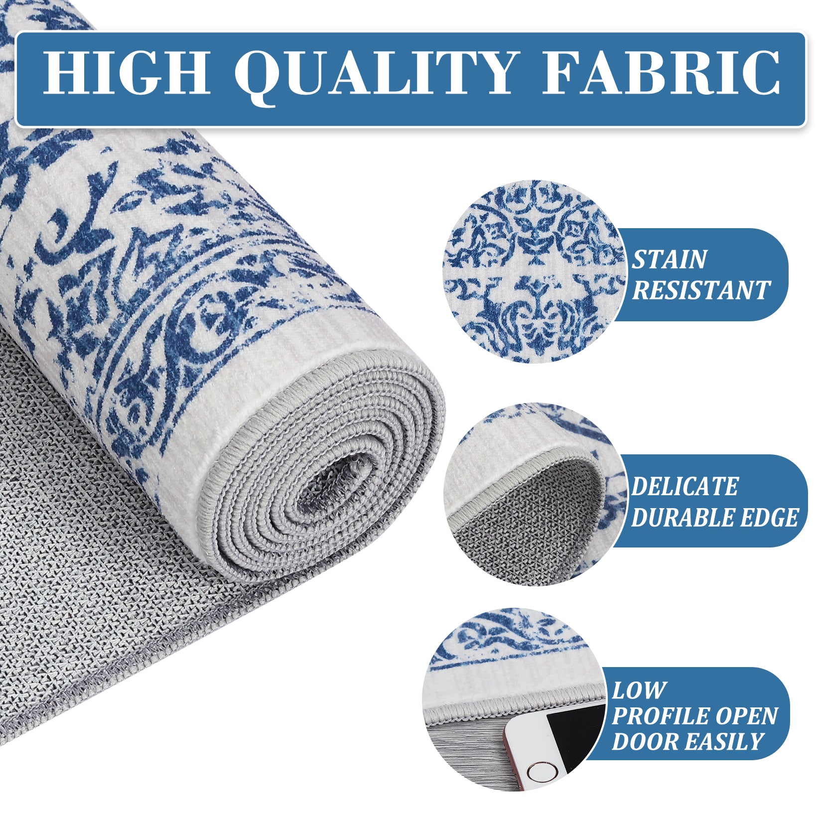 Garvee Machine Washable 9x12 Area Rugs for Living Room Vintage Rugs Non Slip Low Pile Water Resistant Soft Print Pattern Carpet for Bedroom Indoor Decor Polyester Rug Blue