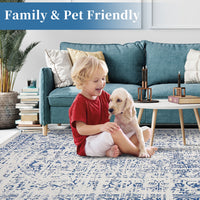 Garvee Machine Washable 9x12 Area Rugs for Living Room Vintage Rugs Non Slip Low Pile Water Resistant Soft Print Pattern Carpet for Bedroom Indoor Decor Polyester Rug Blue