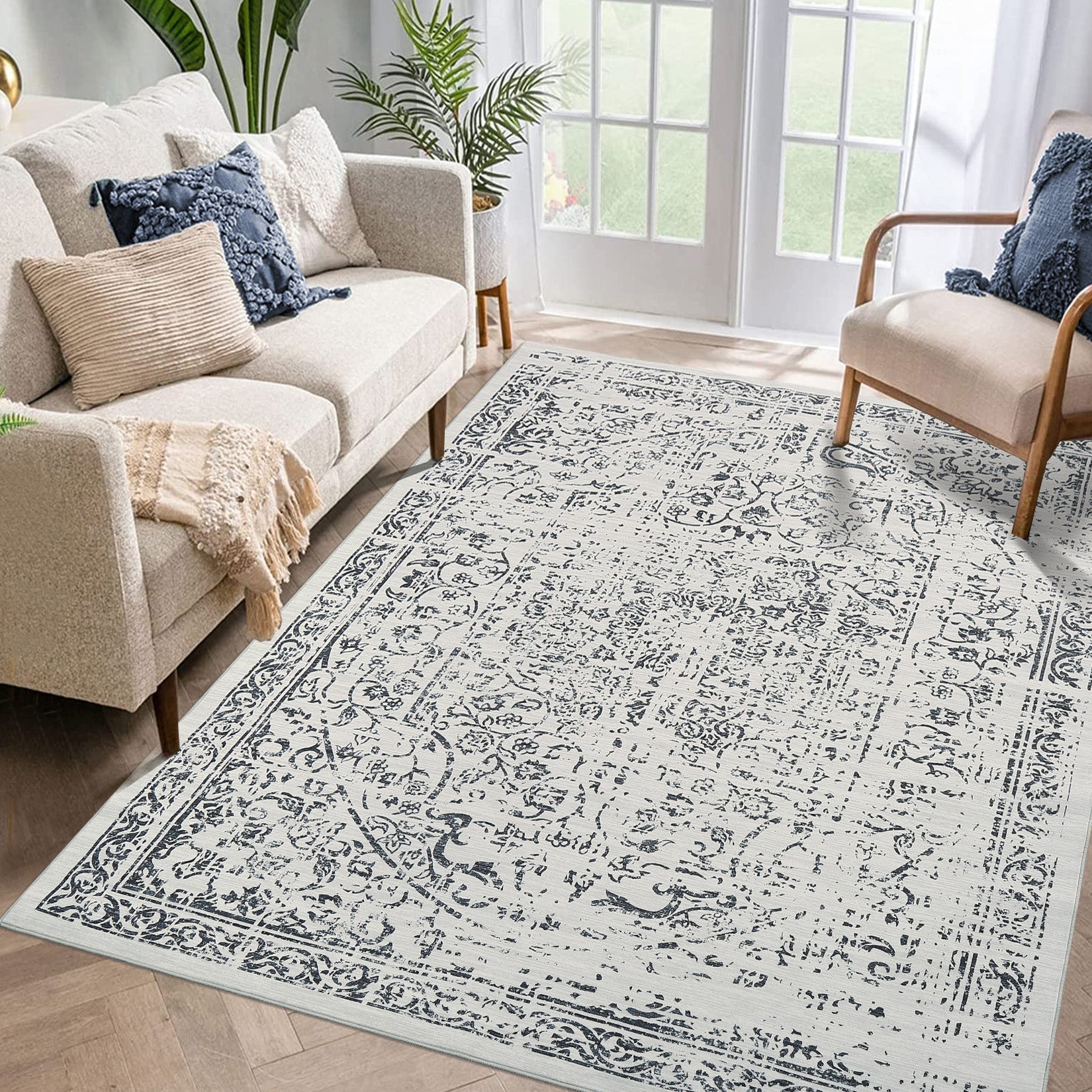 Garvee 5x7 Washable Area Rug Vintage Rug Traditional Floor Cover Foldable Thin Rug Kitchen Accent Rug Indoor Distressed Non Slip Carpet Floral Print Mat Bedroom Living Room Bathroom Grey
