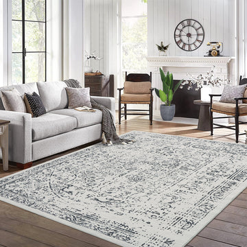 Garvee Machine Washable 9x12 Area Rugs for Living Room Vintage Rugs Non Slip Low Pile Water Resistant Soft Print Pattern Carpet for Bedroom Indoor Decor Polyester Rug Grey