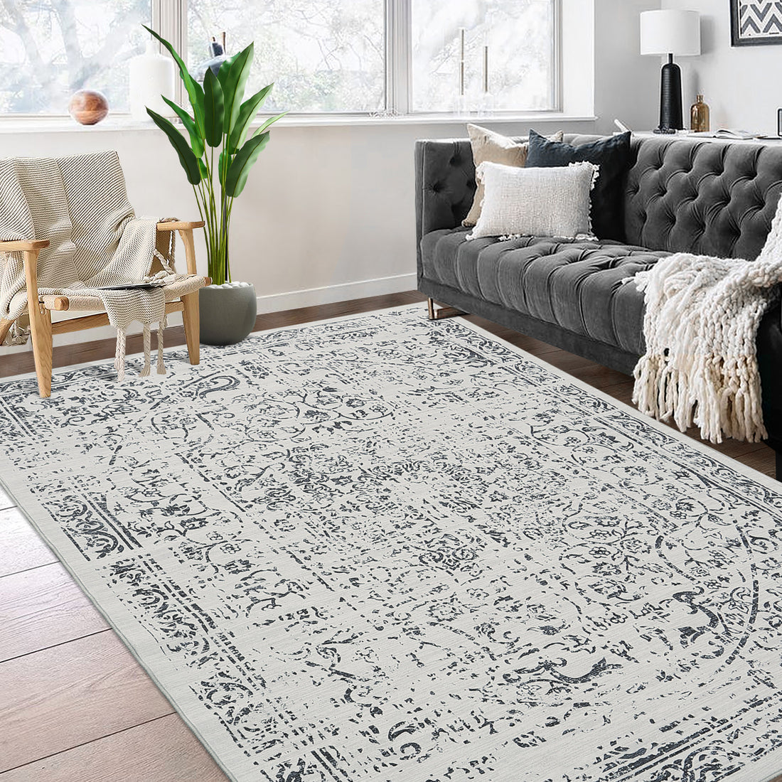 Garvee Area Rug 8x10 Washable Rug Grey Vintage Rug Traditional Floor Cover Thin Rug Retro Kitchen Indoor Distressed Non Slip Carpet Floral Print Mat Living Room Bedroom Dining Room
