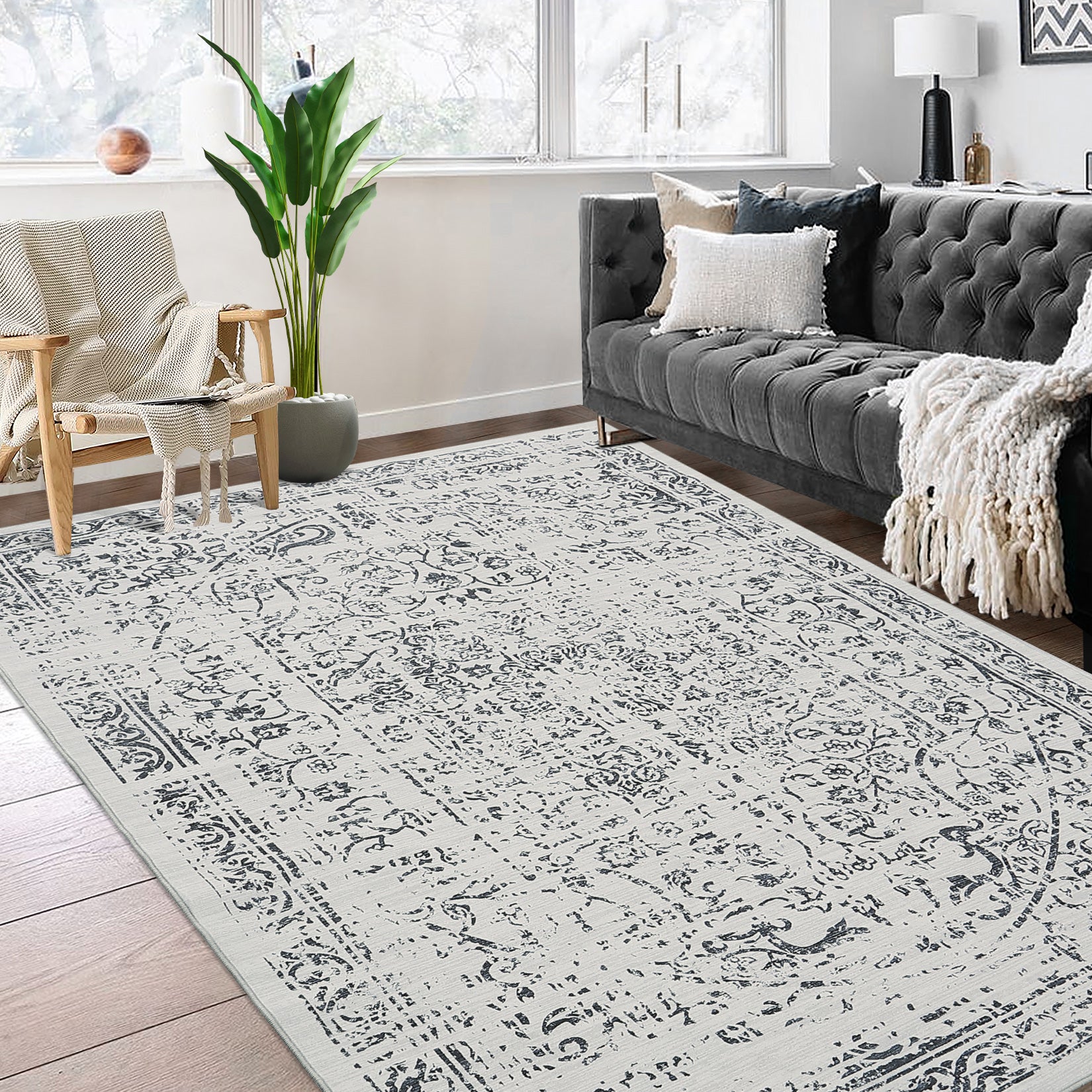Garvee Machine Washable 9x12 Area Rugs for Living Room Vintage Rugs Non Slip Low Pile Water Resistant Soft Print Pattern Carpet for Bedroom Indoor Decor Polyester Rug Grey