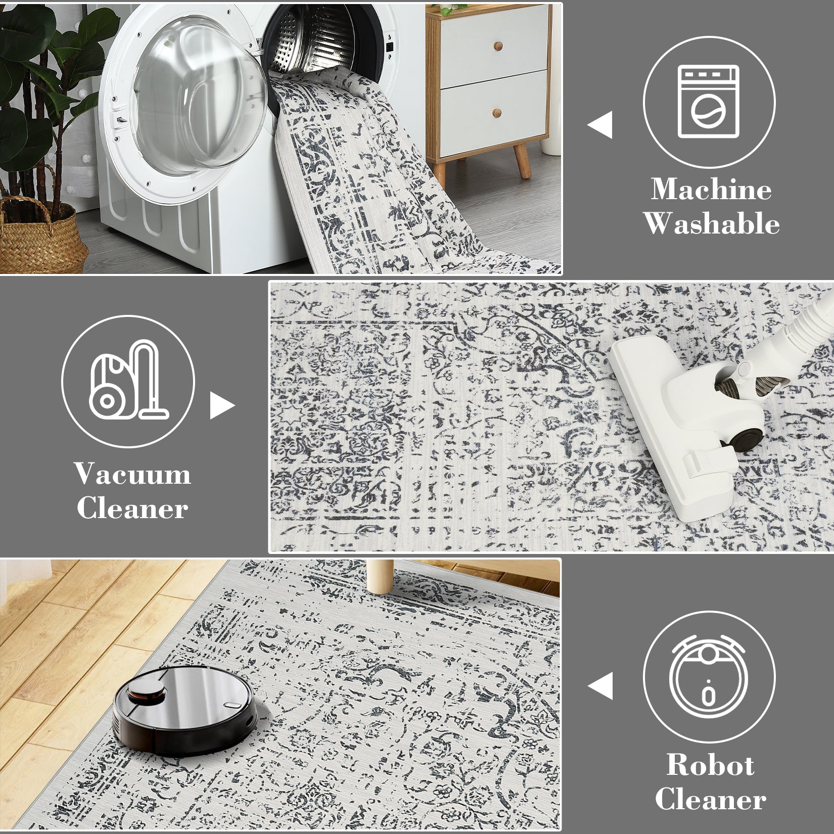 Garvee Area Rug 8x10 Washable Rug Grey Vintage Rug Traditional Floor Cover Thin Rug Retro Kitchen Indoor Distressed Non Slip Carpet Floral Print Mat Living Room Bedroom Dining Room