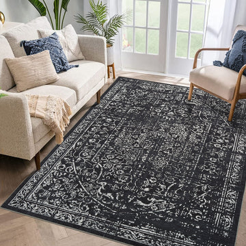 Garvee Vintage Area Rug, 4x6 Stain Resistant Carpet Non Shedding Non-Slip Soft Rug Bedroom Dining Room or Home Office, Low Pile Farmhouse Oriental Indoor Floor Carpet Black