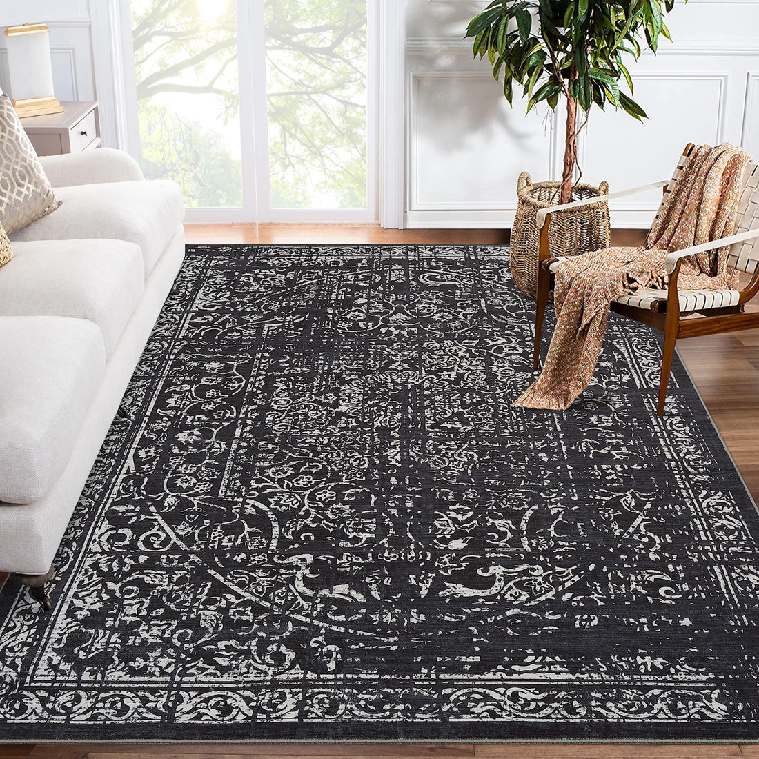 Garvee Machine Washable 9x12 Area Rugs for Living Room Vintage Rugs Non Slip Low Pile Water Resistant Soft Print Pattern Carpet for Bedroom Indoor Decor Polyester Rug Black