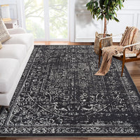 Garvee Machine Washable 9x12 Area Rugs for Living Room Vintage Rugs Non Slip Low Pile Water Resistant Soft Print Pattern Carpet for Bedroom Indoor Decor Polyester Rug Black