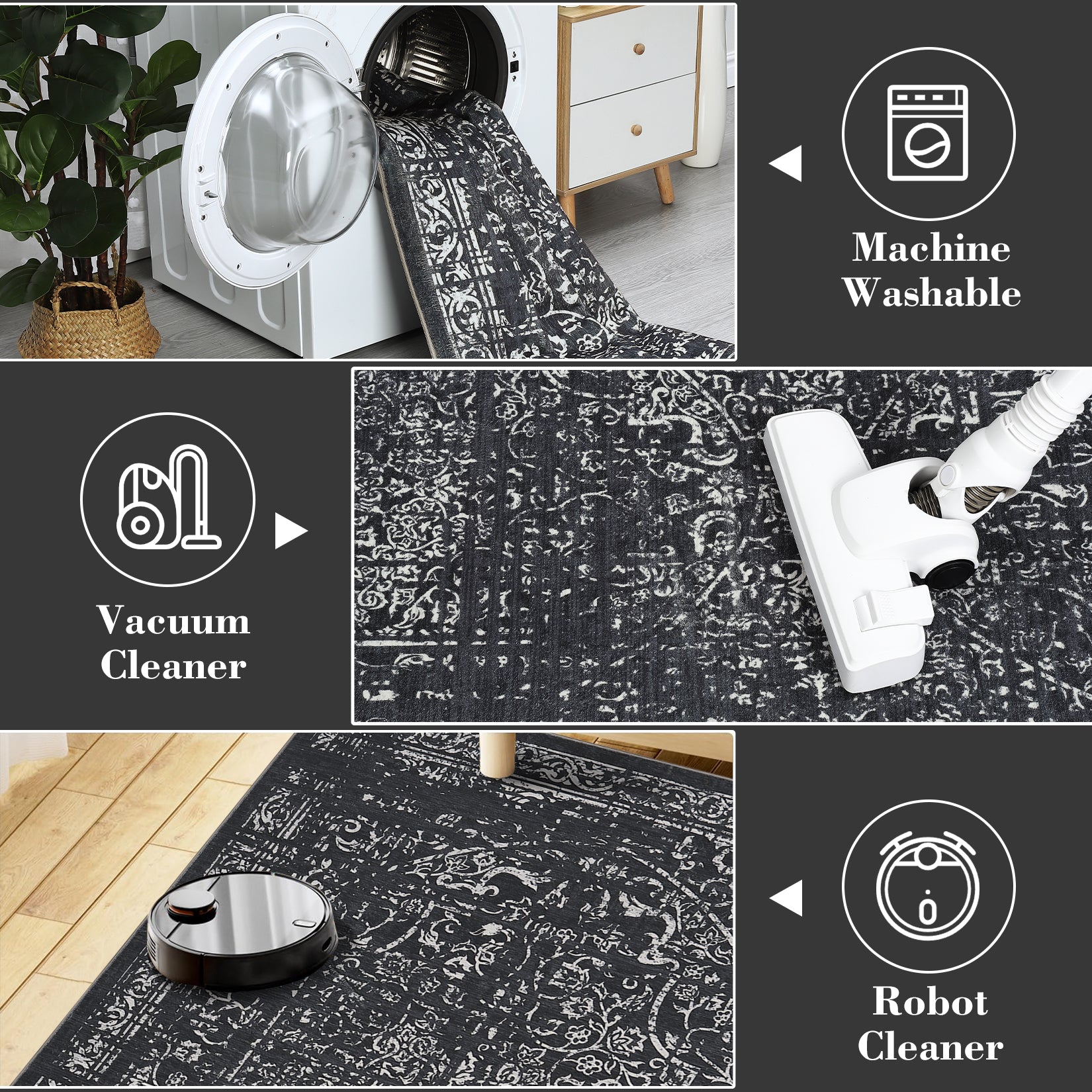 Garvee Machine Washable 9x12 Area Rugs for Living Room Vintage Rugs Non Slip Low Pile Water Resistant Soft Print Pattern Carpet for Bedroom Indoor Decor Polyester Rug Black