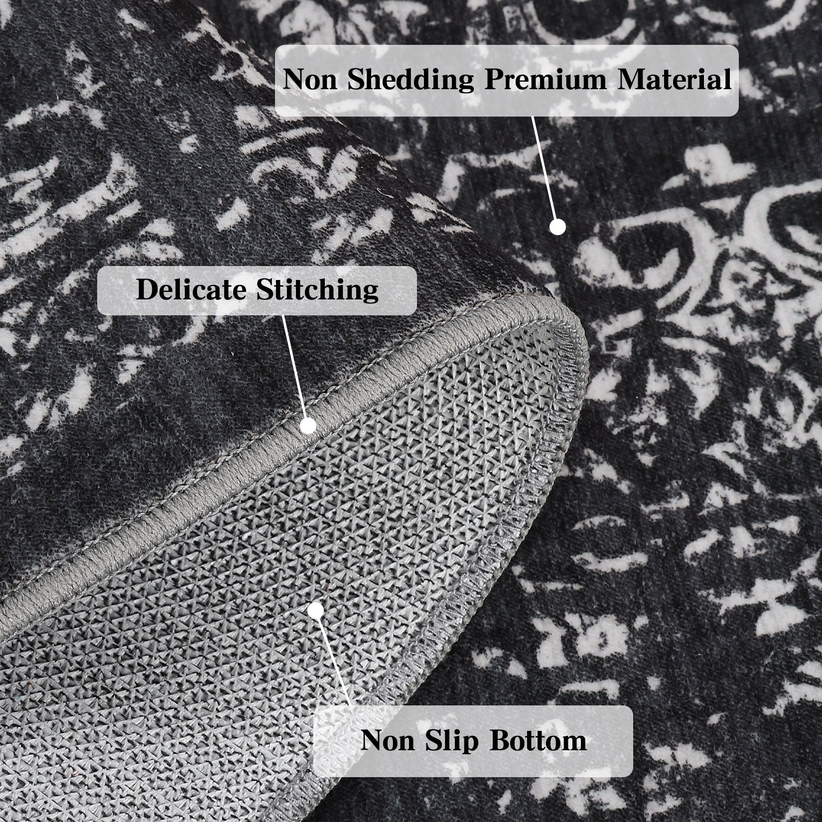 Garvee Machine Washable 9x12 Area Rugs for Living Room Vintage Rugs Non Slip Low Pile Water Resistant Soft Print Pattern Carpet for Bedroom Indoor Decor Polyester Rug Black