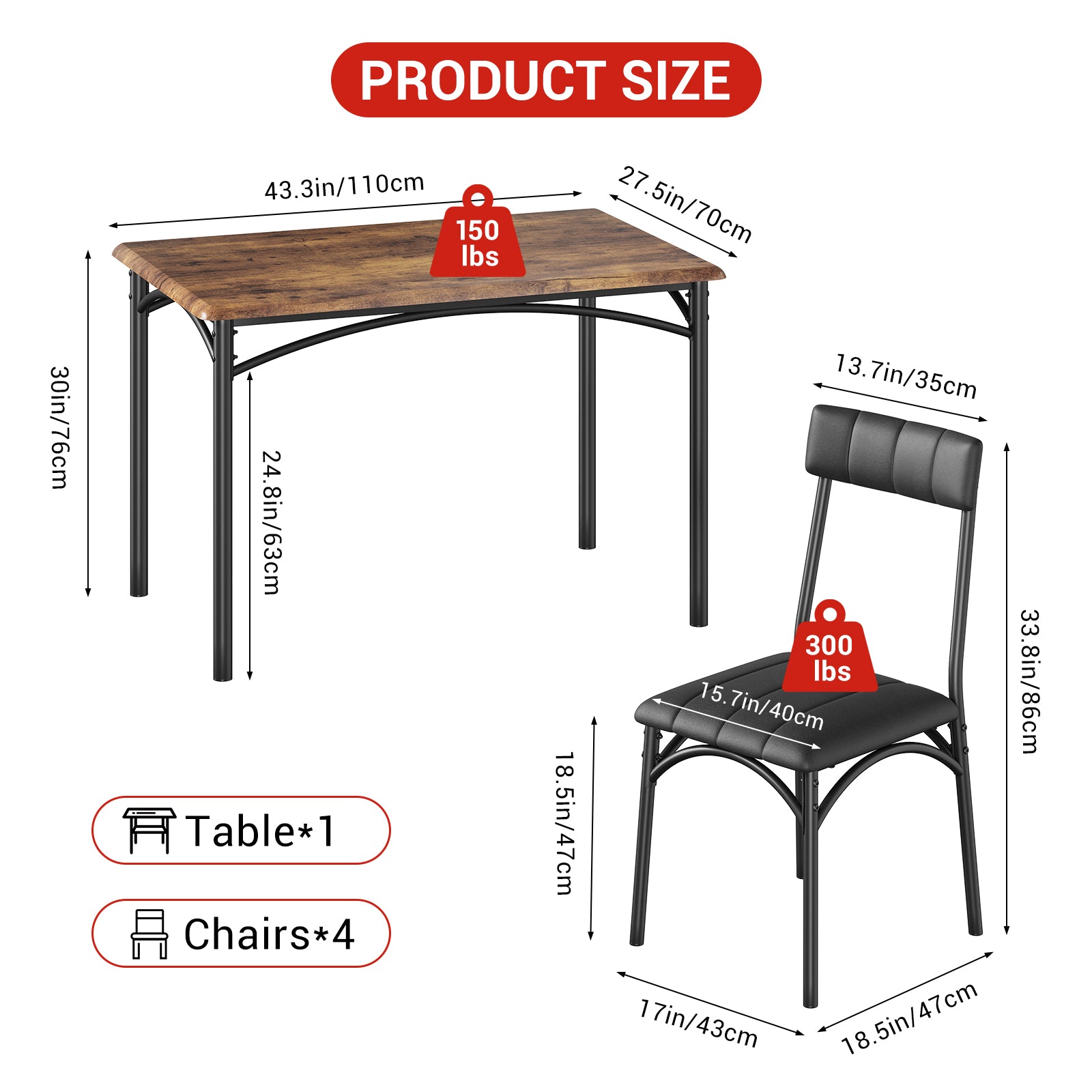 Garvee 5 Piece Dining Table Set for 4, Kitchen Table and Chairs Rectangular, Metal and Wood Dinning Room Table Furniture Set for Kitchen, Apartment, Brown