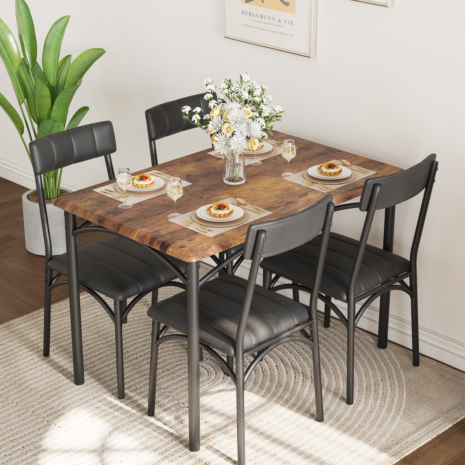 Garvee 5 Piece Dining Table Set for 4, Kitchen Table and Chairs Rectangular, Metal and Wood Dinning Room Table Furniture Set for Kitchen, Apartment, Brown