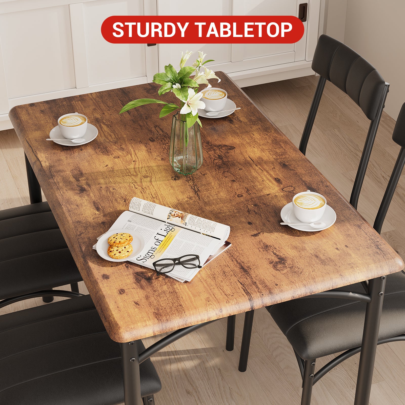 Garvee 5 Piece Dining Table Set for 4, Kitchen Table and Chairs Rectangular, Metal and Wood Dinning Room Table Furniture Set for Kitchen, Apartment, Brown