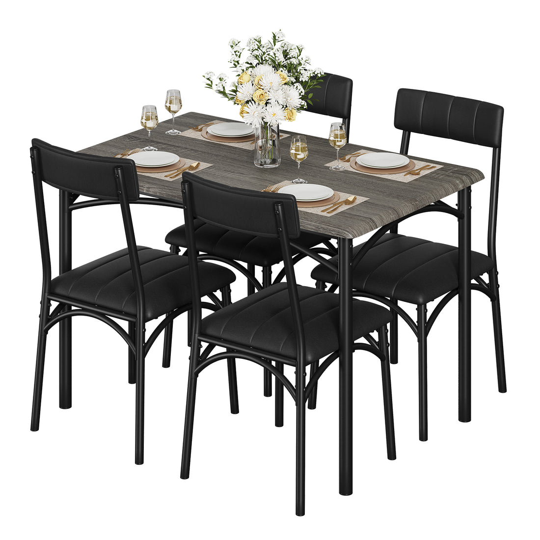 Garvee Dining Table Set for 4, Kitchen Table with 4 Upholstered Chairs, Wood Rectangular Dining Table and Chairs Set, for Small Space, Apartment, Dinner, Gray