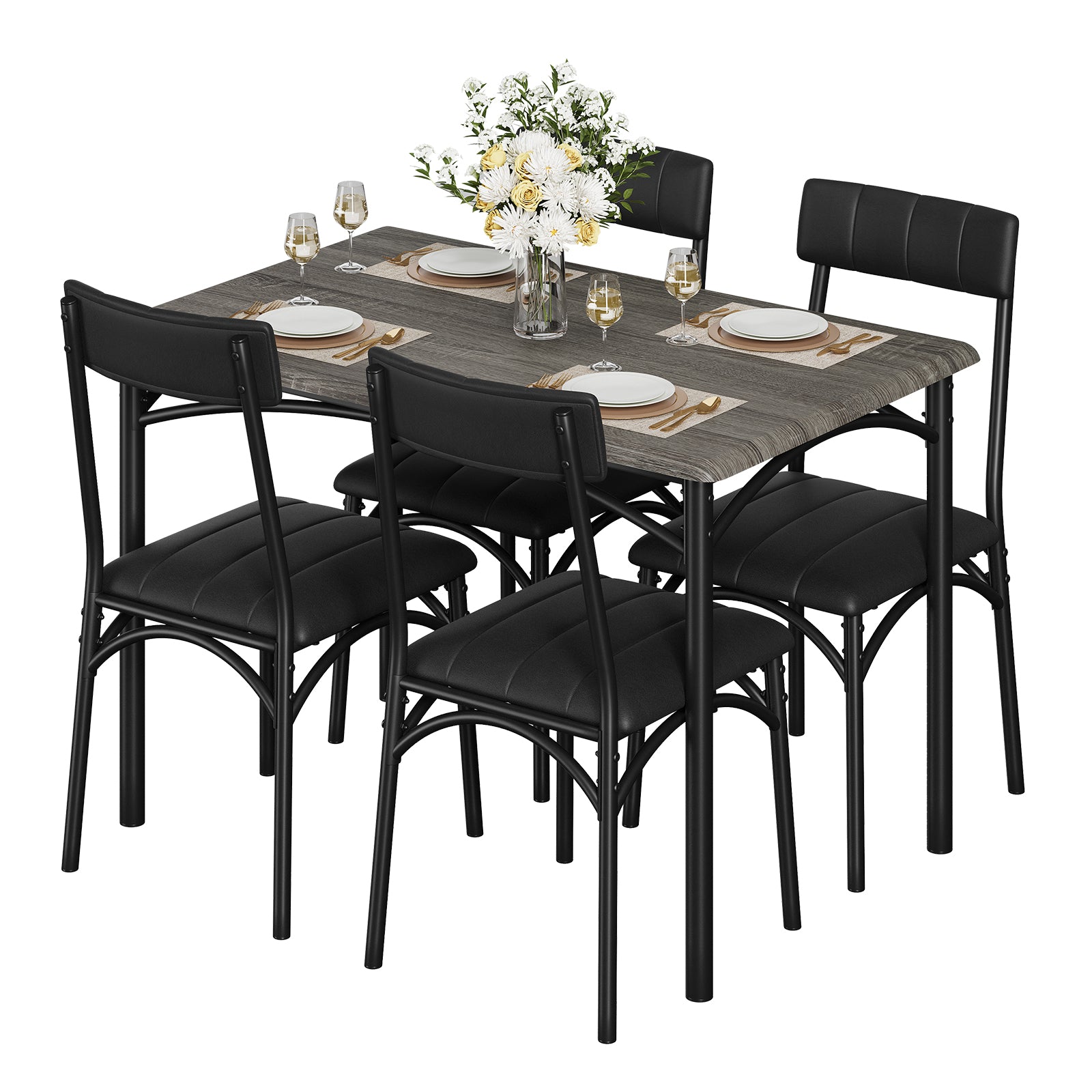 Garvee Dining Table Set for 4, Kitchen Table with 4 Upholstered Chairs, Wood Rectangular Dining Table and Chairs Set, for Small Space, Apartment, Dinner, Gray