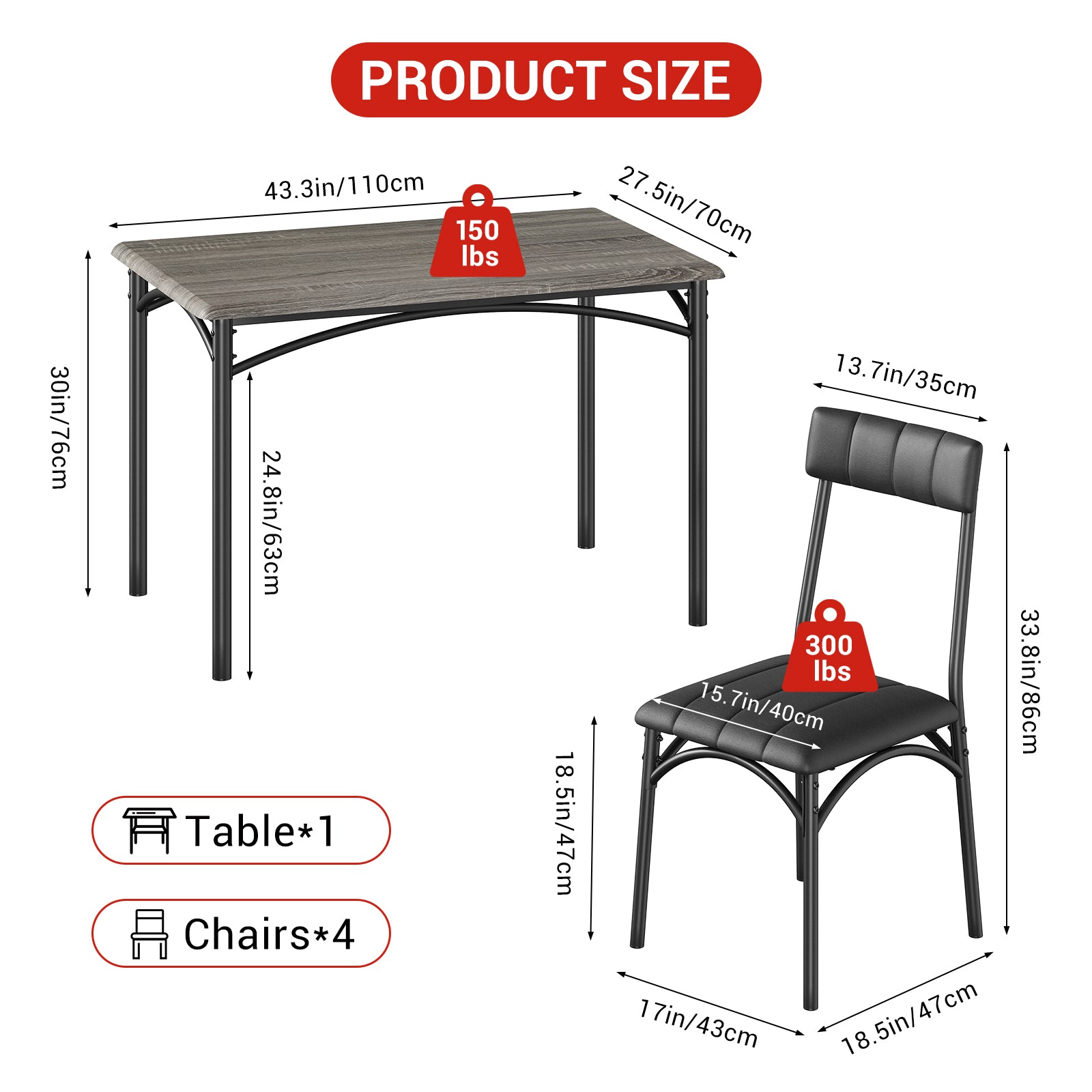 Garvee Dining Table Set for 4, Kitchen Table with 4 Upholstered Chairs, Wood Rectangular Dining Table and Chairs Set, for Small Space, Apartment, Dinner, Gray