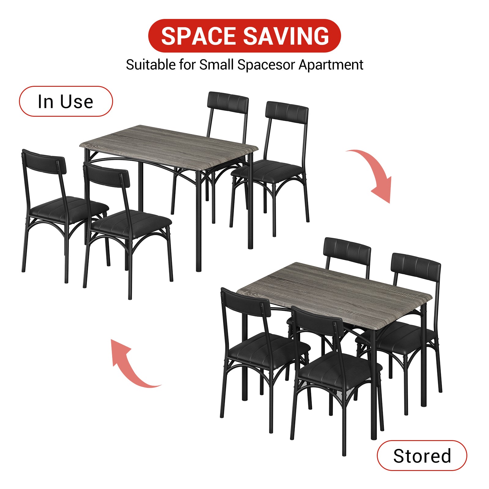 Garvee Dining Table Set for 4, Kitchen Table with 4 Upholstered Chairs, Wood Rectangular Dining Table and Chairs Set, for Small Space, Apartment, Dinner, Gray