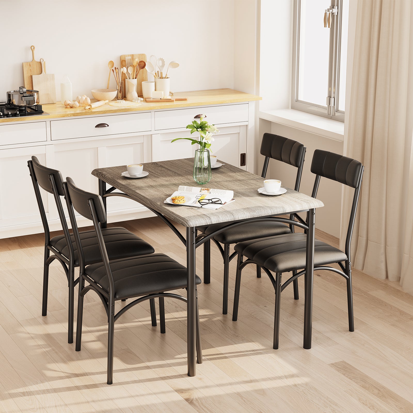 Garvee Dining Table Set for 4, Kitchen Table with 4 Upholstered Chairs, Wood Rectangular Dining Table and Chairs Set, for Small Space, Apartment, Dinner, Gray
