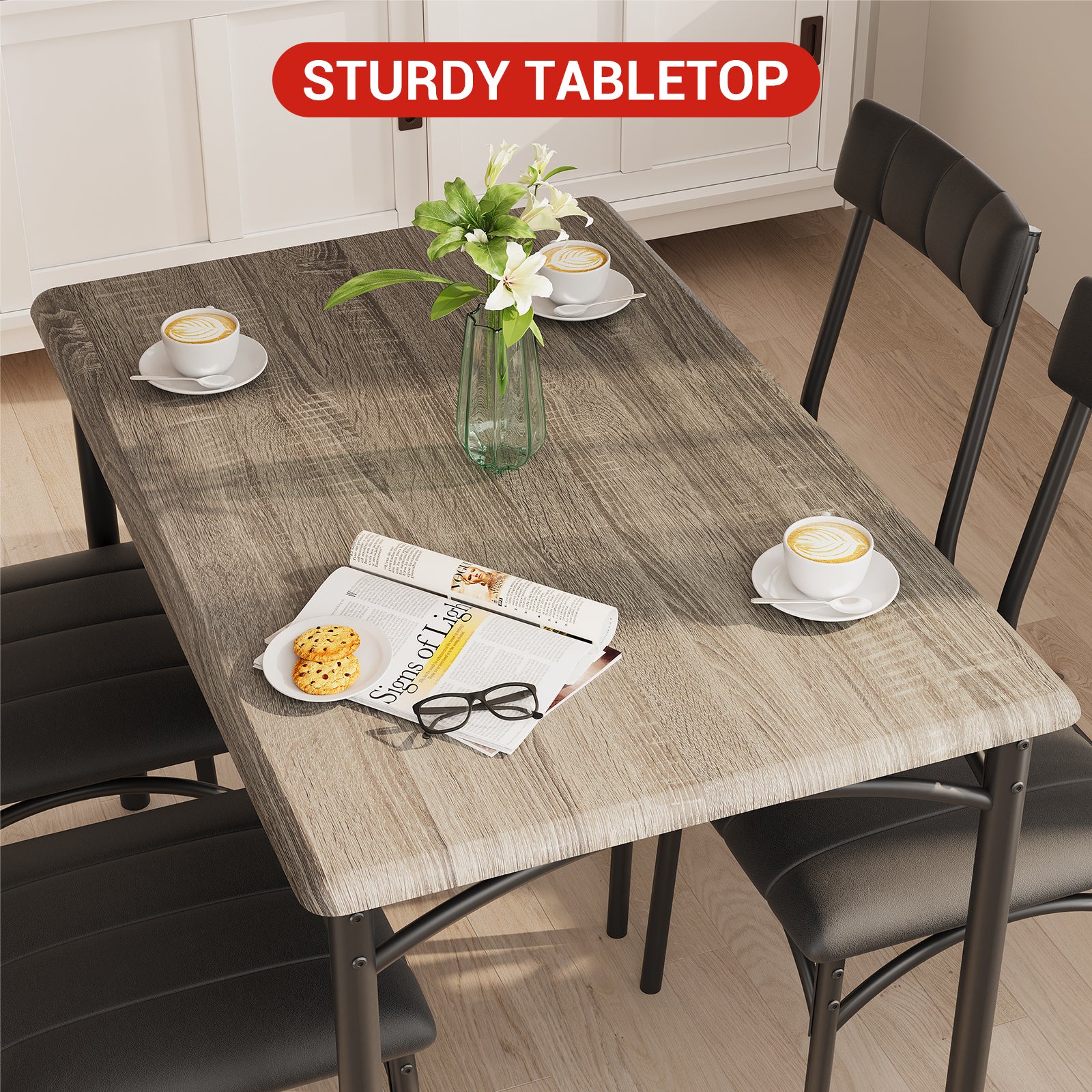 Garvee Dining Table Set for 4, Kitchen Table with 4 Upholstered Chairs, Wood Rectangular Dining Table and Chairs Set, for Small Space, Apartment, Dinner, Gray