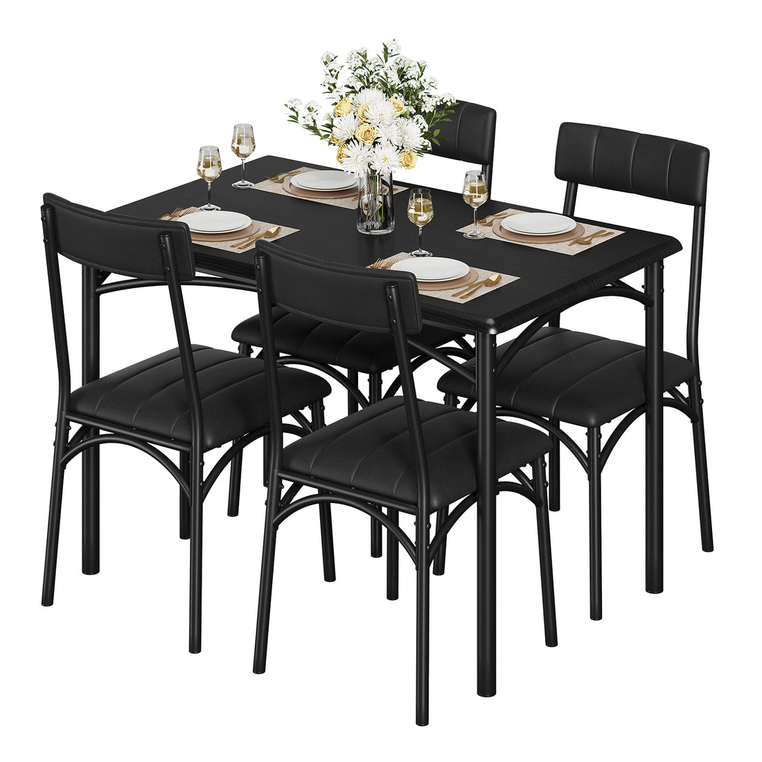 Garvee Dining Table Set for 4, Kitchen Table with 4 Upholstered Chairs, Wood Rectangular Dining Table and Chairs Set, for Small Space, Apartment, Dinner, Black