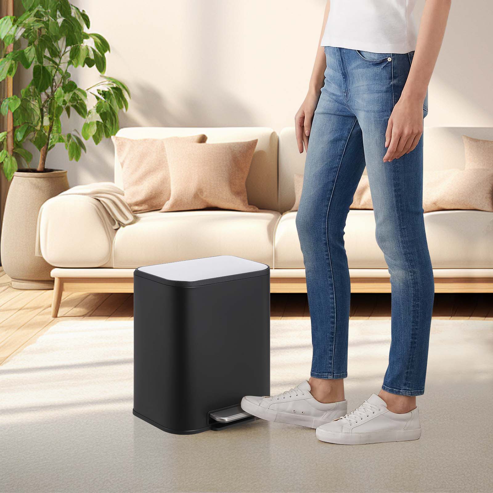Garvee Kitchen Trash Can, 20L/5.3 Gallon Stainless Steel Garbage Can with Soft Close Lid Foot Pedal & Removable Inner Bucket, Rectangular Step On Waste Bin for Office Bedroom, Black