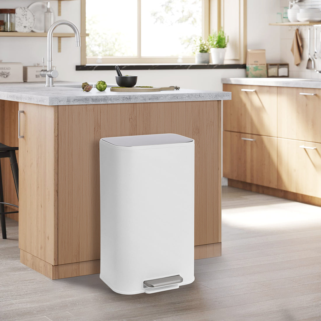 Garvee Kitchen Trash Can, 8 Gallon Stainless Steel Garbage Can with Soft Close Lid Foot Pedal & Removable Inner Bucket, Rectangular Step On Waste Bin for Home Office Living Room, White