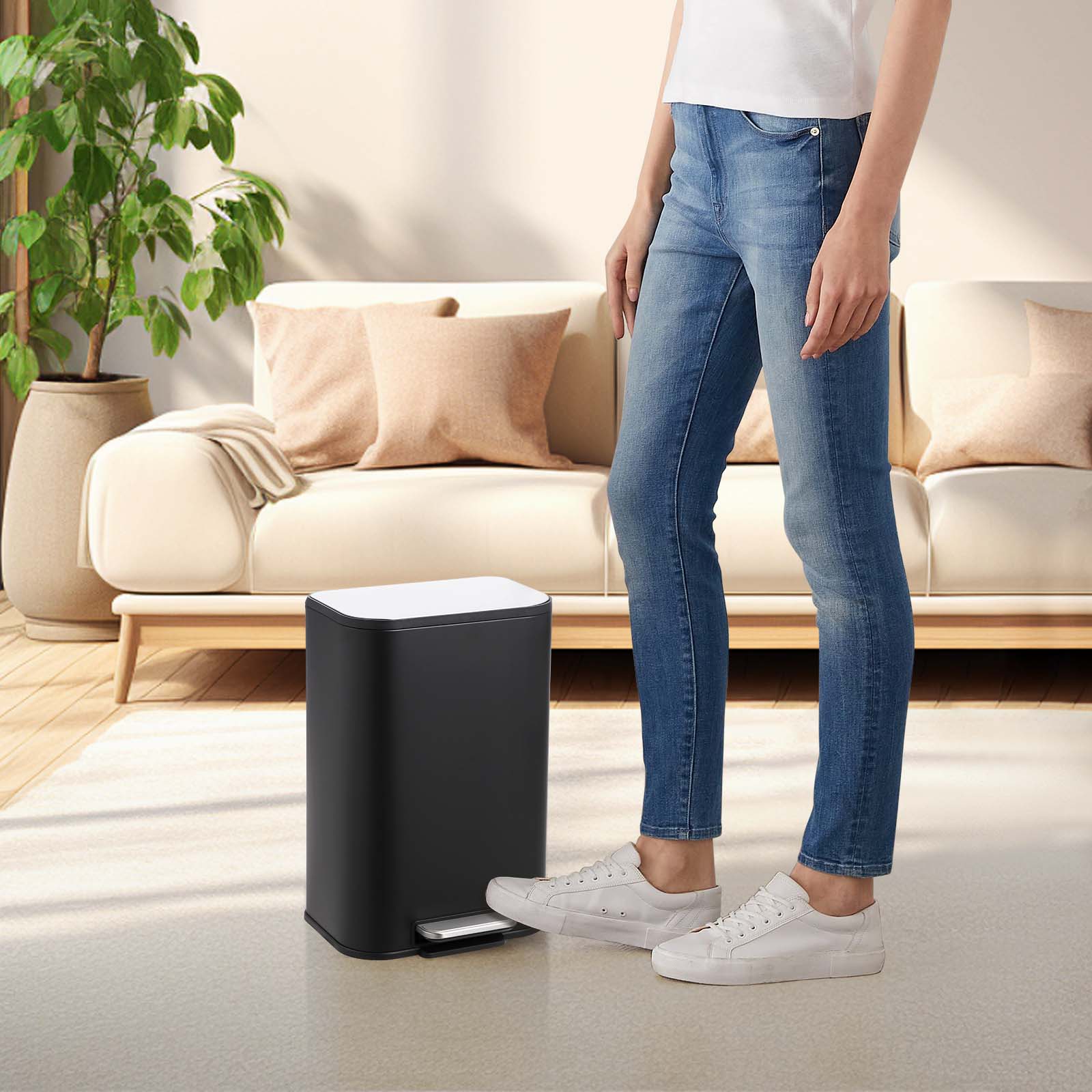 Garvee Bathroom Trash Can, 12L/3.2 Gallon Stainless Steel Garbage Can with Lid, Rectangular Small Step Waste Bin with Foot Pedal & Removable Inner Bucket for Kitchen Bedroom Restroom, Black