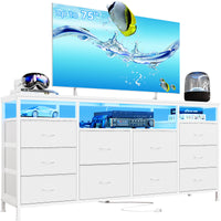 Garvee 63.3 Inch Dresser for Bedroom, 10 Drawer Dresser TV Stand for 65-75" TV, Fabric Chest of Drawers with Led Lights & Power Outlets, Long Entertainment Center for Closet, Living Room, White