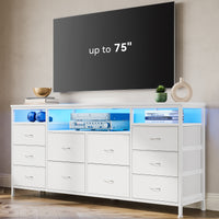 Garvee 63.3 Inch Dresser for Bedroom, 10 Drawer Dresser TV Stand for 65-75" TV, Fabric Chest of Drawers with Led Lights & Power Outlets, Long Entertainment Center for Closet, Living Room, White