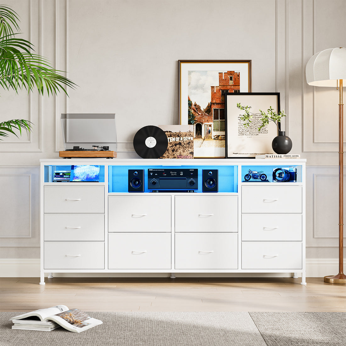 Garvee 63.3 Inch Dresser for Bedroom, 10 Drawer Dresser TV Stand for 65-75" TV, Fabric Chest of Drawers with Led Lights & Power Outlets, Long Entertainment Center for Closet, Living Room, White