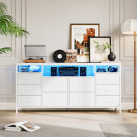 Garvee 63.3 Inch Dresser for Bedroom, 10 Drawer Dresser TV Stand for 65-75" TV, Fabric Chest of Drawers with Led Lights & Power Outlets, Long Entertainment Center for Closet, Living Room, White
