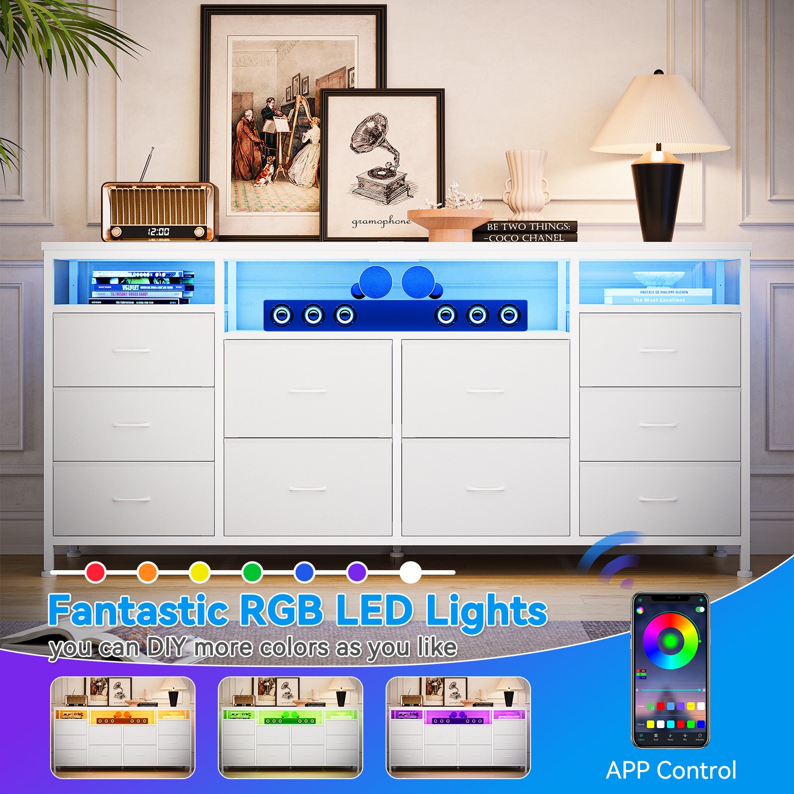 Garvee 63.3 Inch Dresser for Bedroom, 10 Drawer Dresser TV Stand for 65-75" TV, Fabric Chest of Drawers with Led Lights & Power Outlets, Long Entertainment Center for Closet, Living Room, White