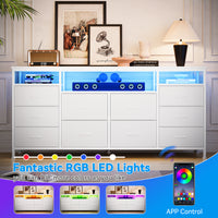 Garvee 63.3 Inch Dresser for Bedroom, 10 Drawer Dresser TV Stand for 65-75" TV, Fabric Chest of Drawers with Led Lights & Power Outlets, Long Entertainment Center for Closet, Living Room, White
