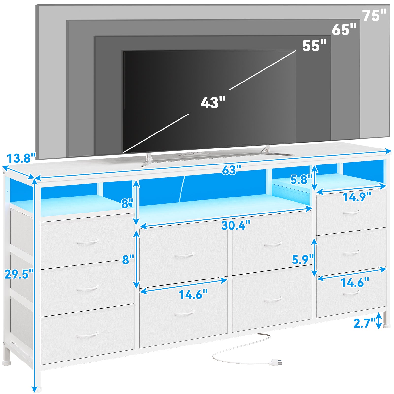 Garvee 63.3 Inch Dresser for Bedroom, 10 Drawer Dresser TV Stand for 65-75" TV, Fabric Chest of Drawers with Led Lights & Power Outlets, Long Entertainment Center for Closet, Living Room, White